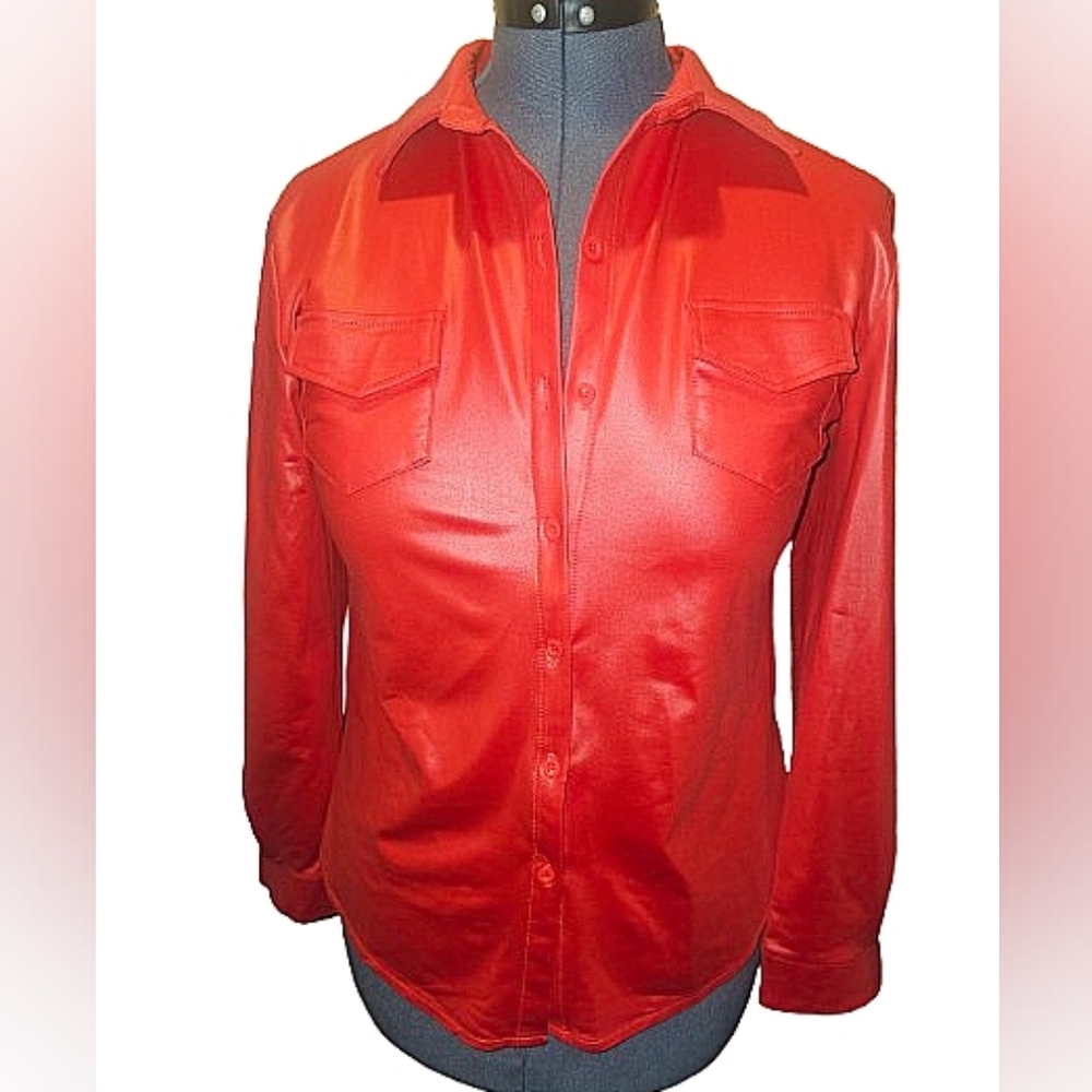 Vibrant Red Leather Look Button Down Blouse L